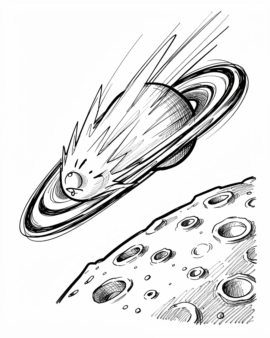 A comet streaking past a ringed planet beside a cratered lunar landscape.