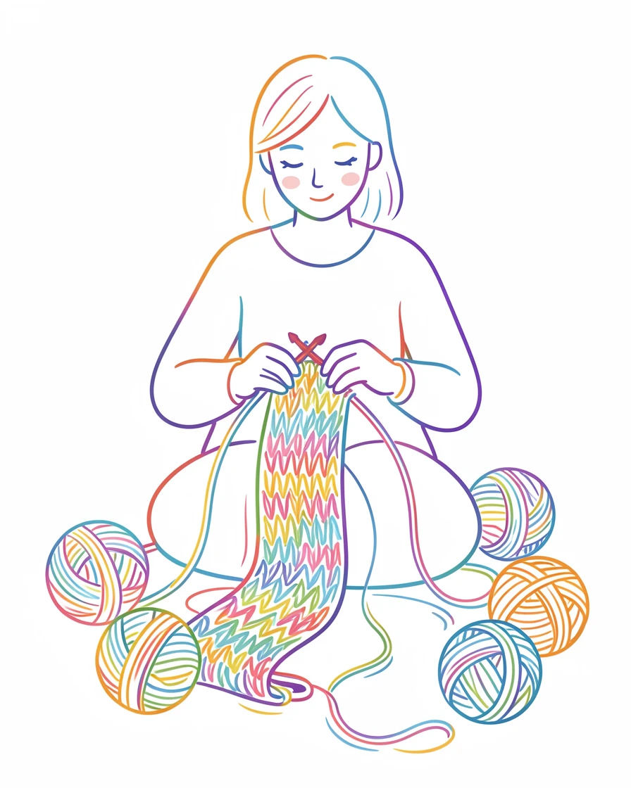 A knitter working on a colorful scarf with balls of yarn scattered nearby.