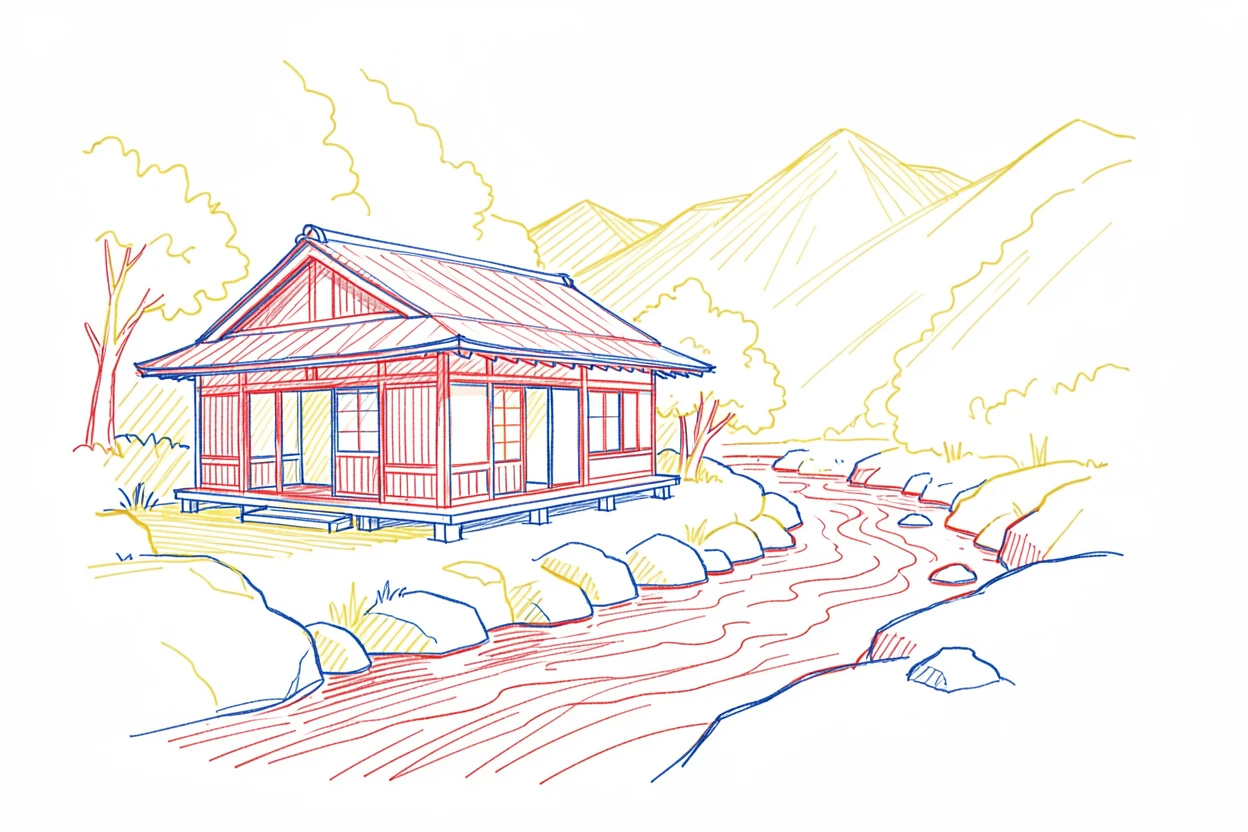 A traditional tea house nestled beside a tranquil mountain stream
