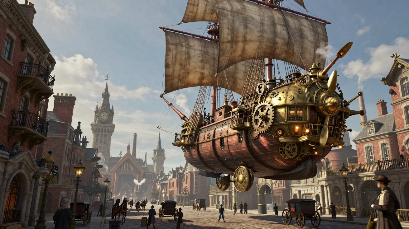 A steampunk airship floating above a Victorian city