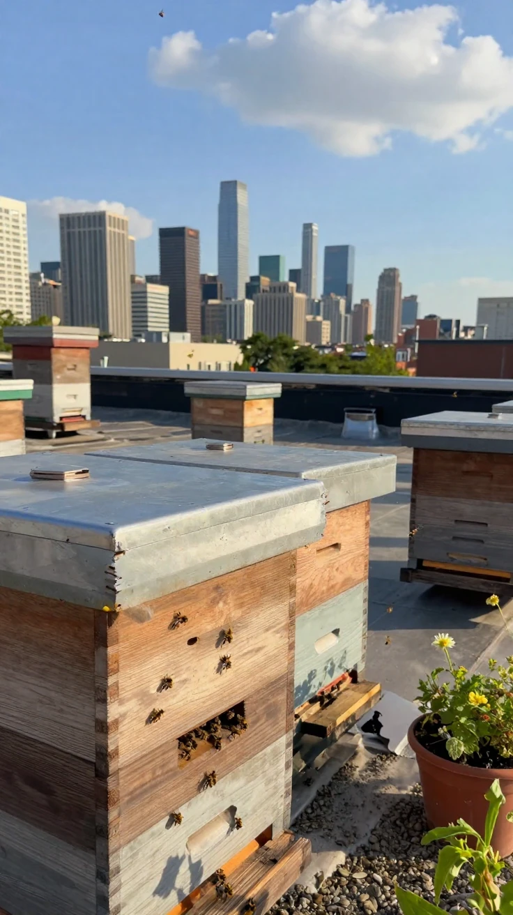 A rooftop beehive buzzes with activity as a city skyline rises in the background.