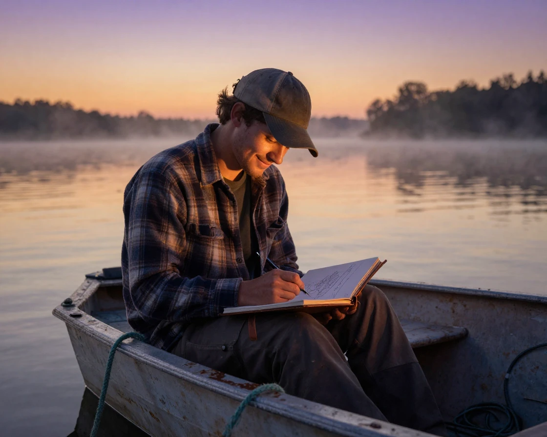 A young fisherman sketching quietly in a well-worn notebook on a small fishing boat at dawn, a gentle smile crossing their face