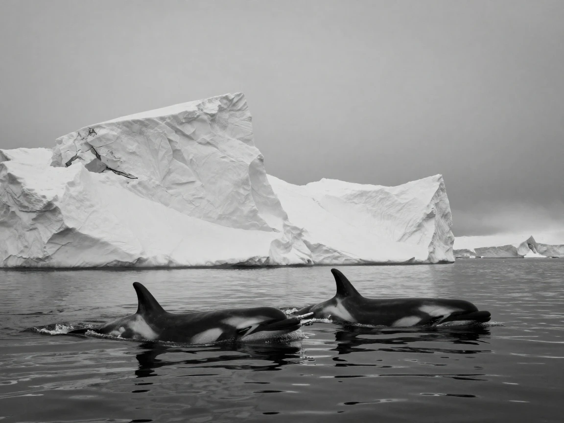 A pod of narwhals surfaces near a drifting iceberg beside a towering ice floe.