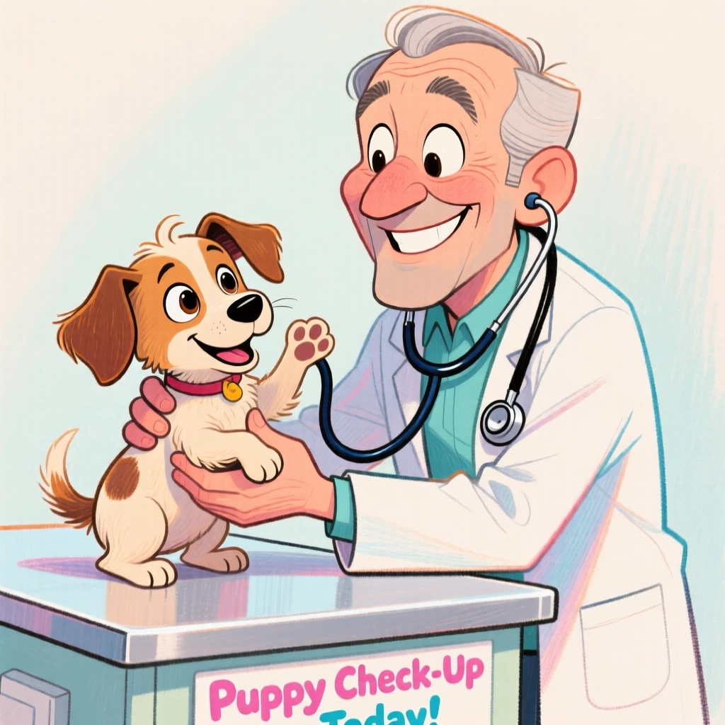 A veterinarian gently examining a wiggling puppy on an exam table, stethoscope in place.