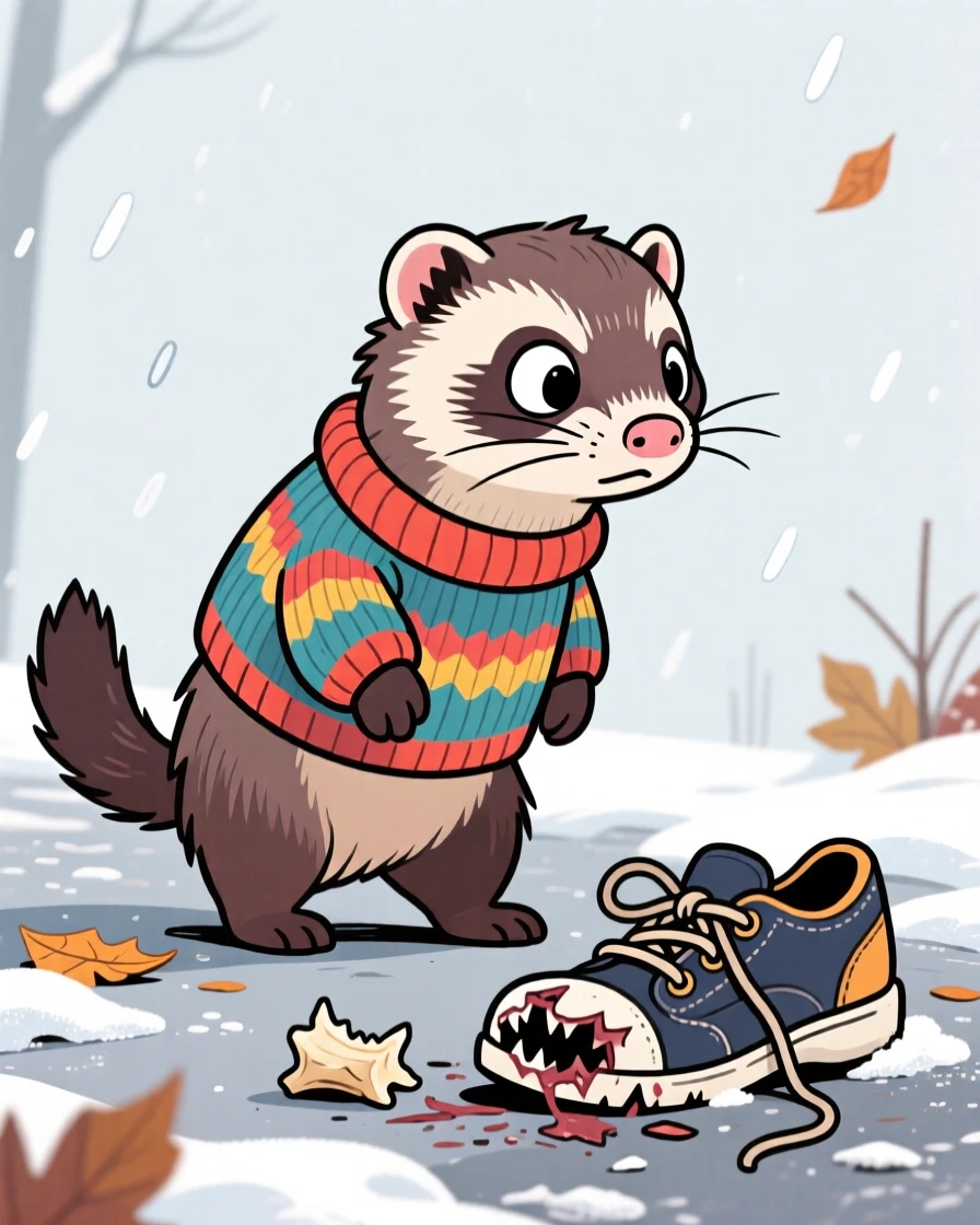 A playful pet moment featuring a curious ferret wearing a tiny knitted sweater on a chilly walk, with a guilty look and a chewed-up shoe nearby.