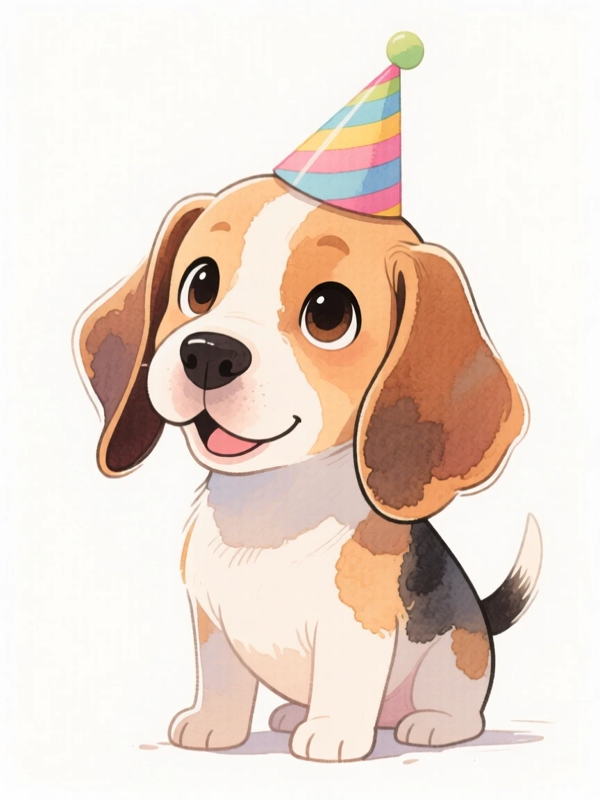 A playful beagle puppy wearing a tiny party hat