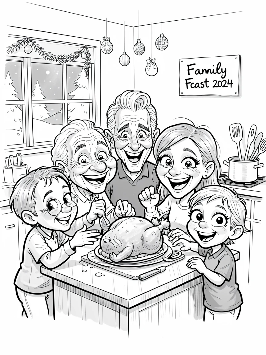 [Seasonal Holidays & Celebrations] Festive scene of a family roasting a turkey together in a cozy kitchen, full of celebration and joy