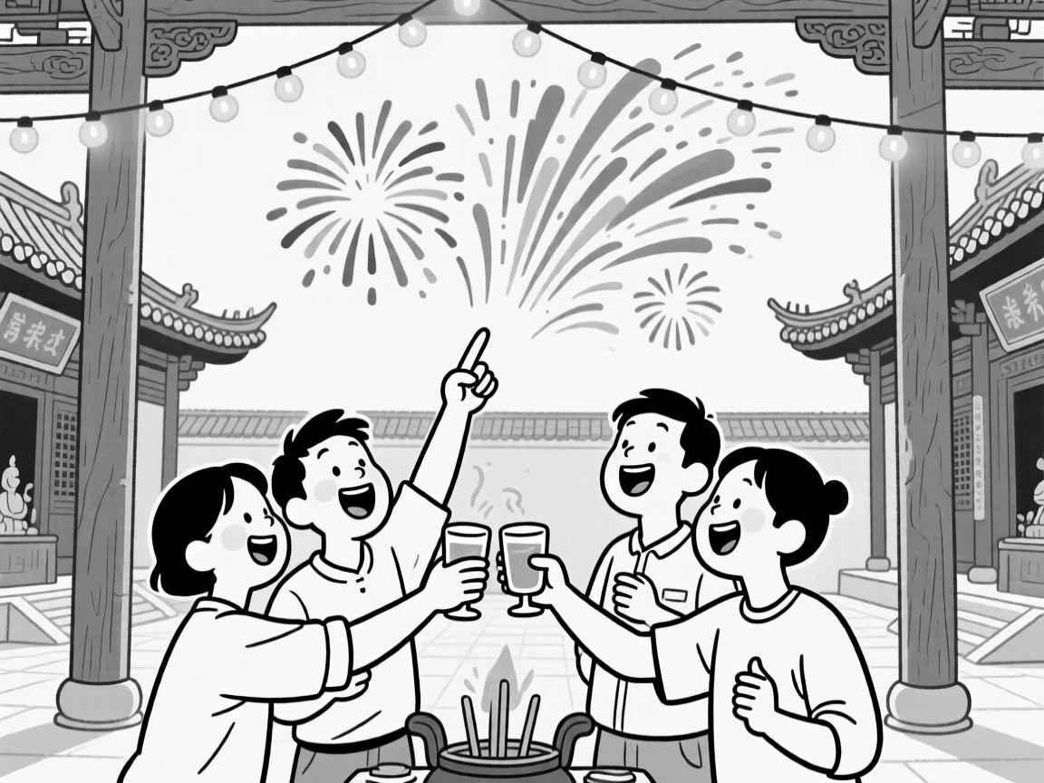 Friends clinking glasses in a joyful toast, pointing excitedly as colors burst across the sky, set at a temple courtyard during a sacred ceremony. Warm string lights twinkle overhead. The scene overflows with communal joy and tradition.