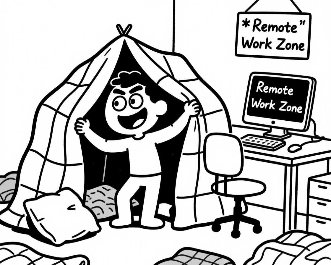 Someone building an elaborate blanket fort at their work-from-home desk.