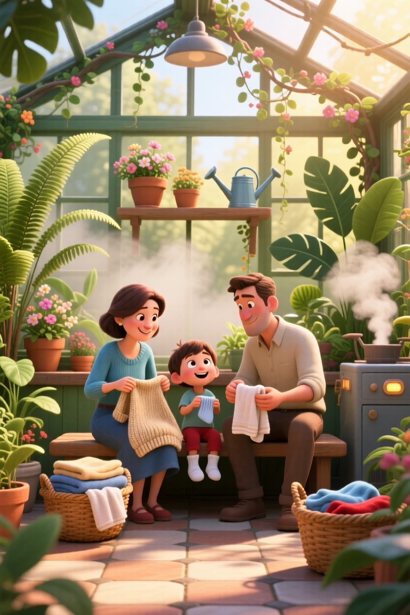 A small family gathered together sits in a greenhouse filled with steam and plants, folding warm laundry fresh from the dryer. A gentle nostalgia and calm settle over the scene, with warm shadows dancing on the walls.