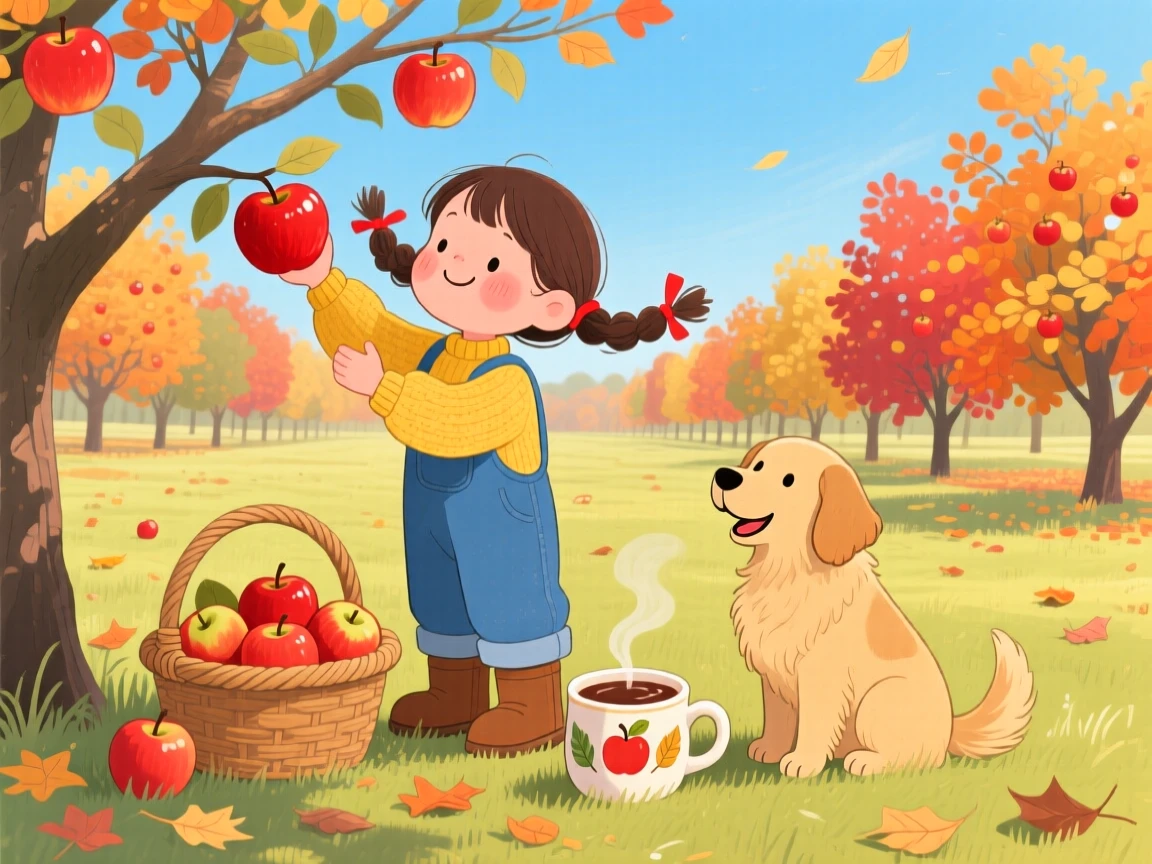 With a beloved family dog close by, a small girl with pigtails is picking apples in an orchard, with a warm cup of cocoa nearby.