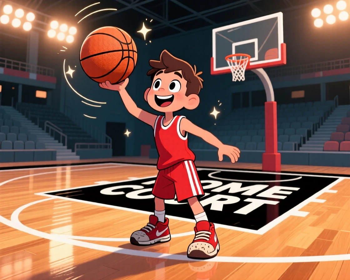 A young athlete practicing free throws alone under stadium lights.