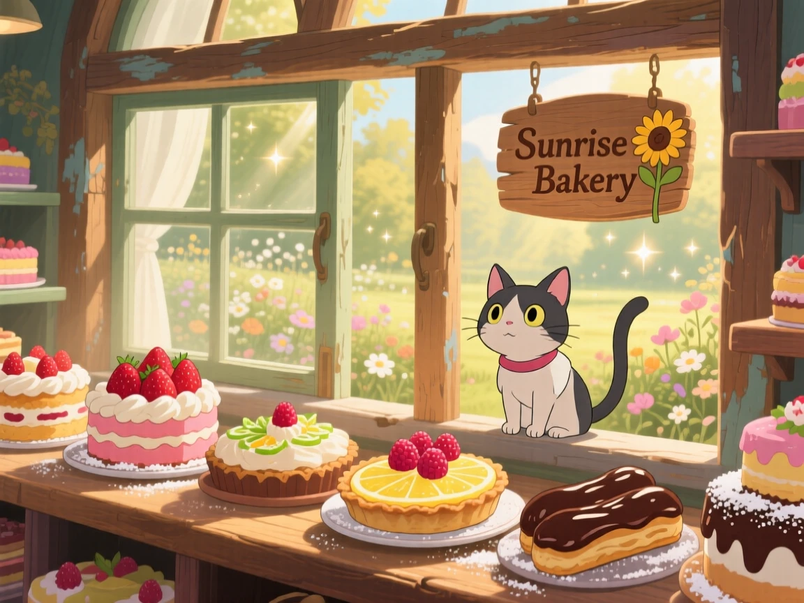 A warm, inviting scene of a small bakery window display of colorful cakes and tarts, as morning light streams through a nearby window.