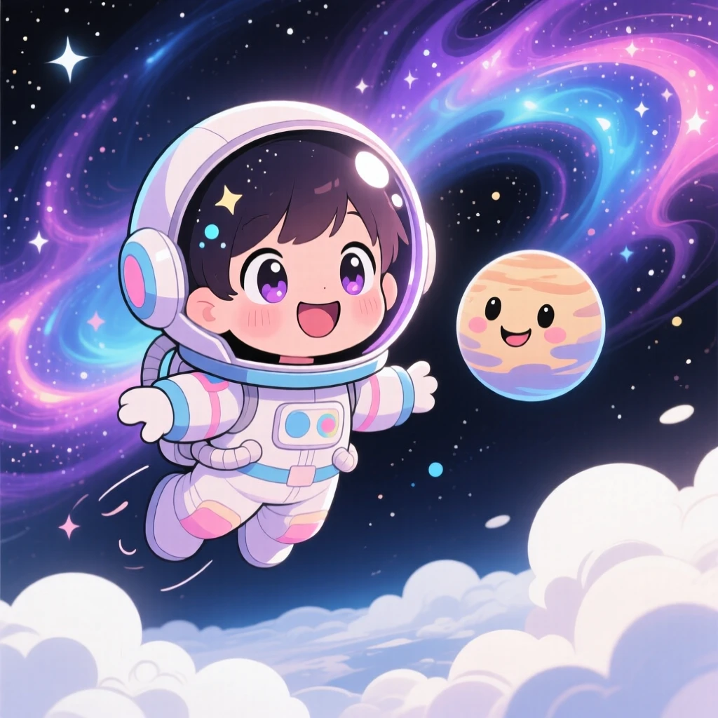 In outer space with swirling nebulae, a small astronaut child is floating weightlessly beside a smiling planet beneath fluffy drifting clouds, bathed in diffused overcast light, expression full of bubbly enthusiasm. Shot as an extreme close-up.