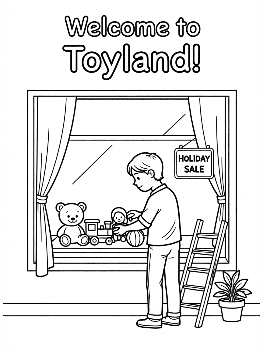 A window display artist setting up a toy store window