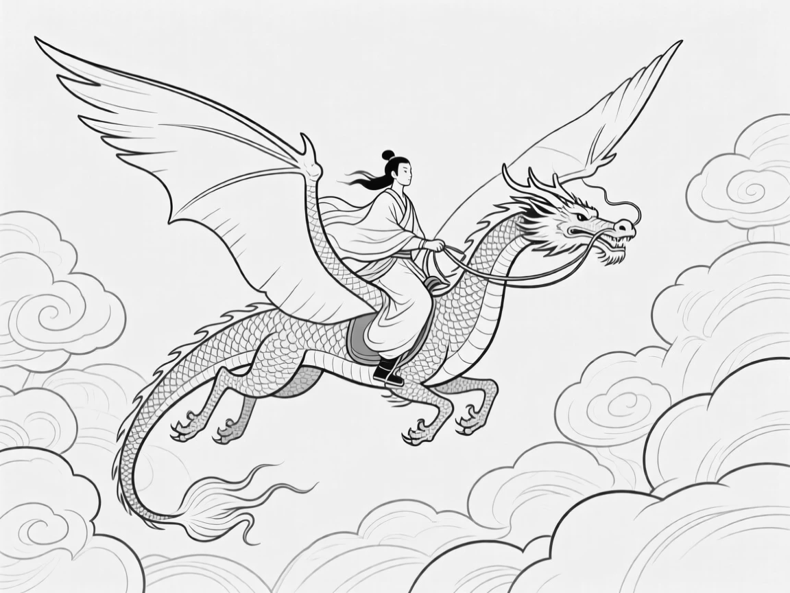 A dragon rider soaring between towering cloud formations