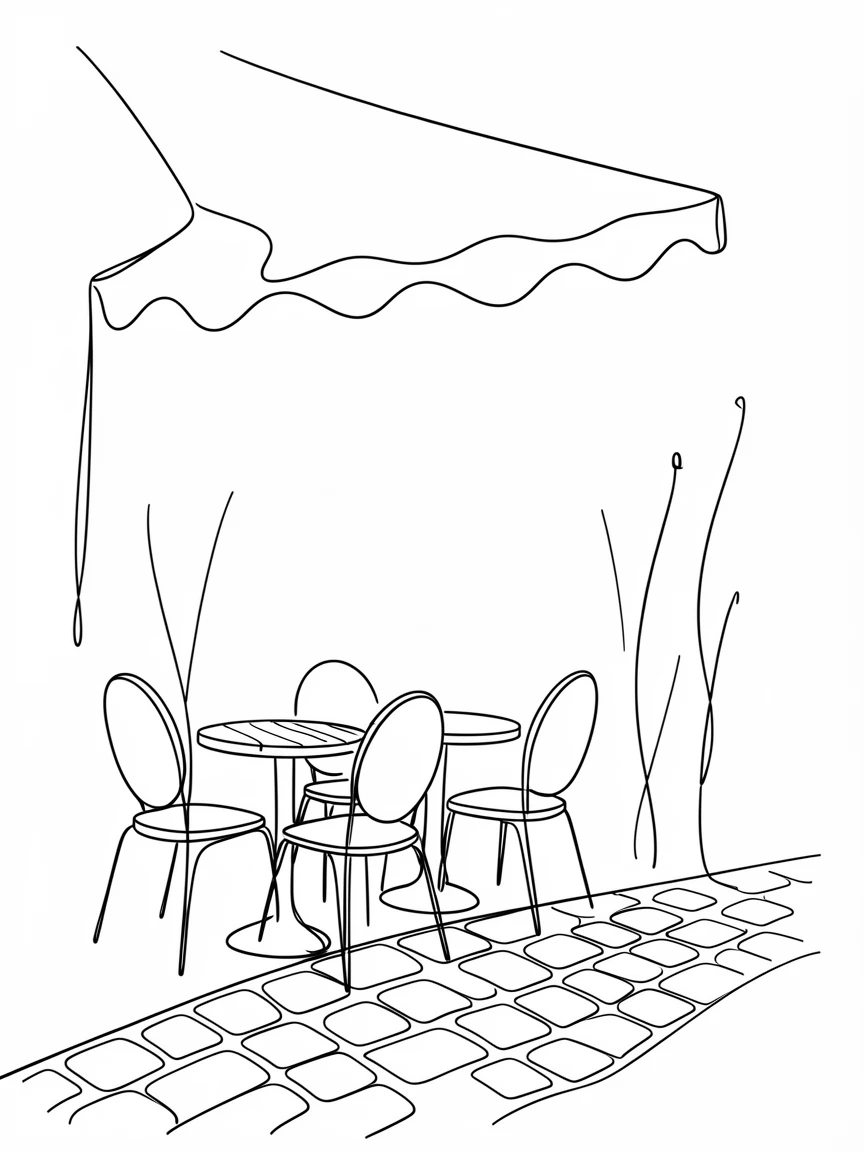 A quiet café terrace with round tables set along a cobblestone sidewalk