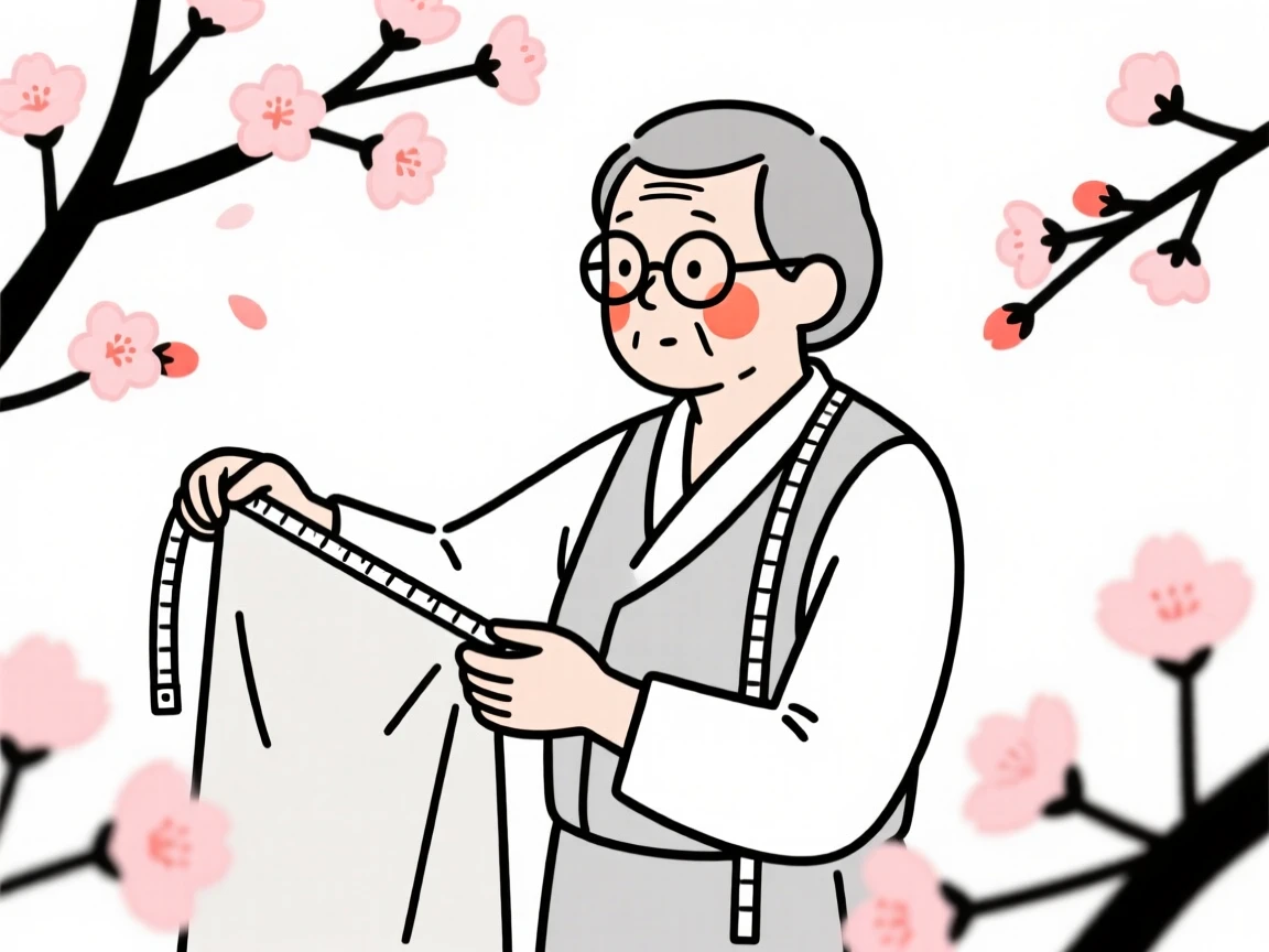 A tailor measuring fabric, full of curious wonder, in a blooming cherry blossom garden.