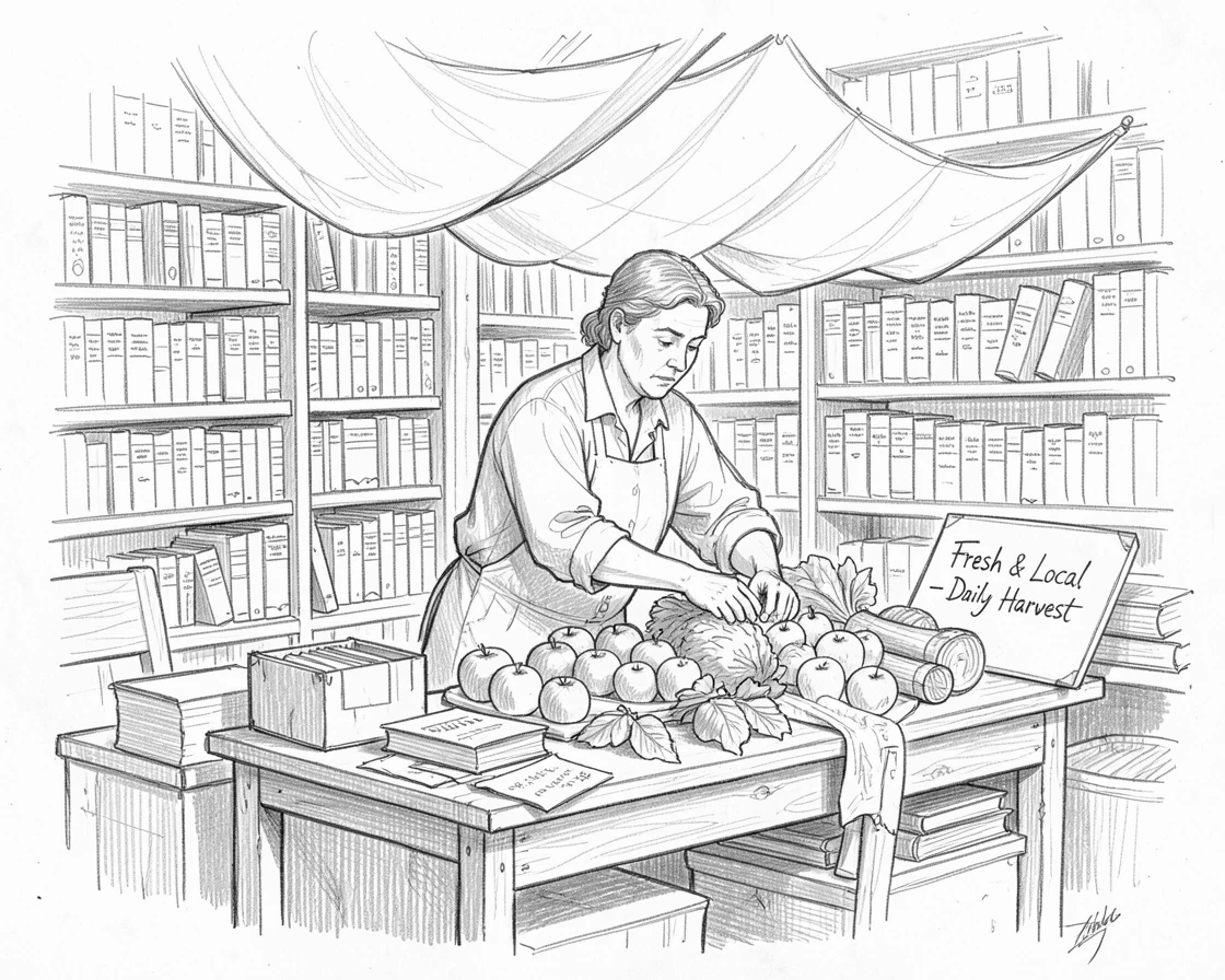 A street vendor arranging fresh produce, in an old-fashioned bookstore, with a gentle breeze rustling awnings overhead.