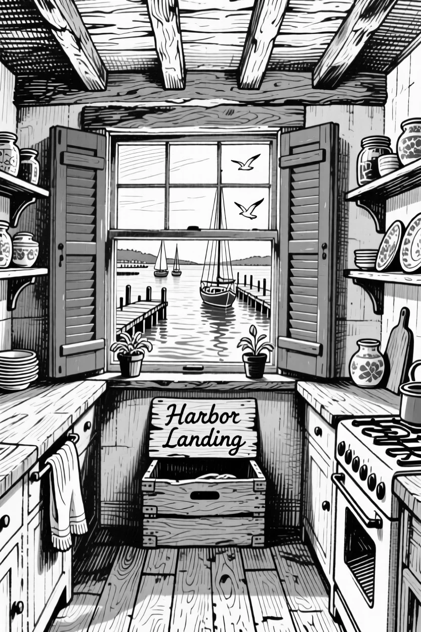 A cozy seaside cottage kitchen with blue shutters and a view of the harbor.