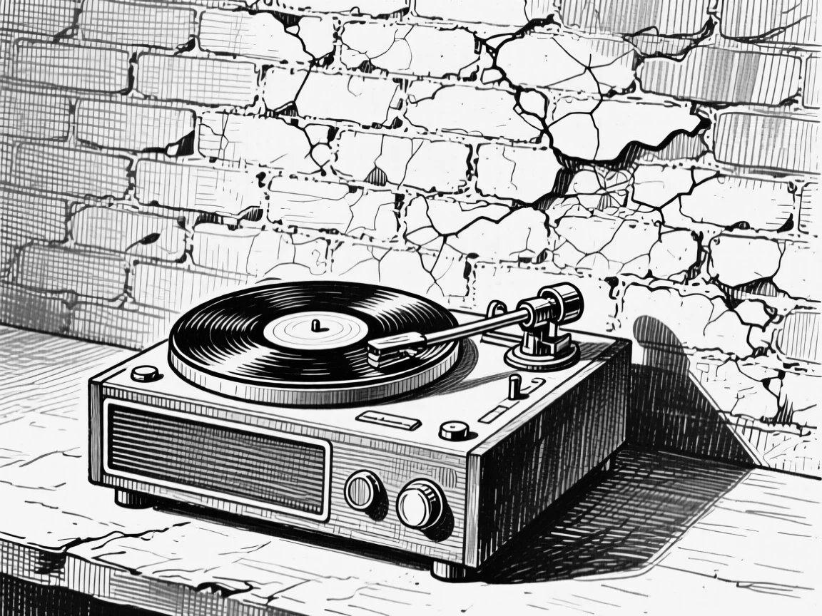 A vintage record player set against a weathered brick wall, with delicate shadows stretching beside it, forming a full of quiet character still-life study.