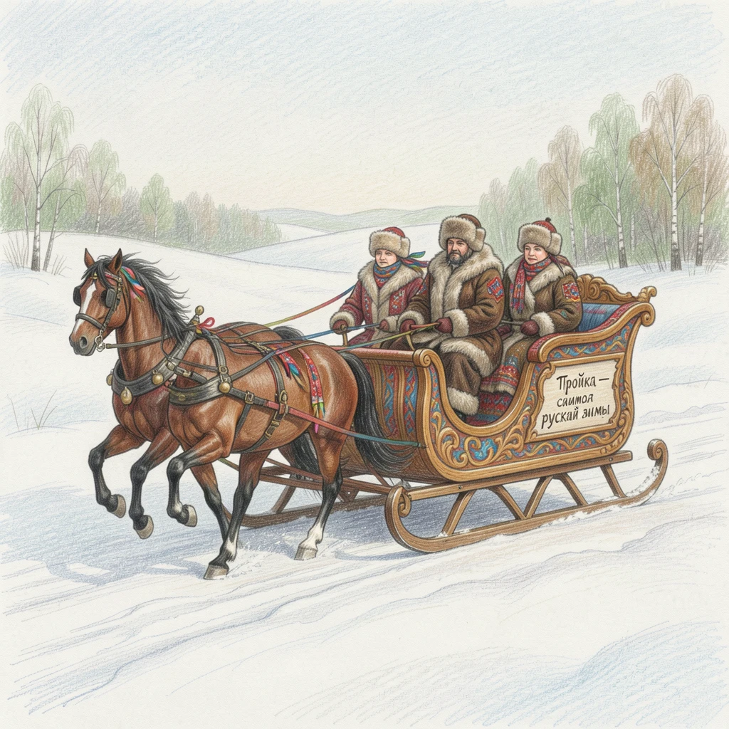 A traditional Russian troika sleigh gliding across snowy fields, filled with rich, authentic historical and cultural detail, full of cultural pride and historical wonder.