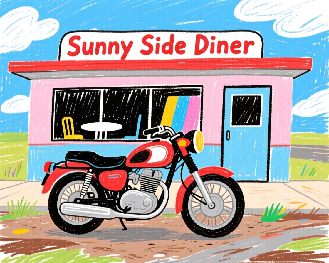 A vintage motorcycle parked outside a small roadside diner.