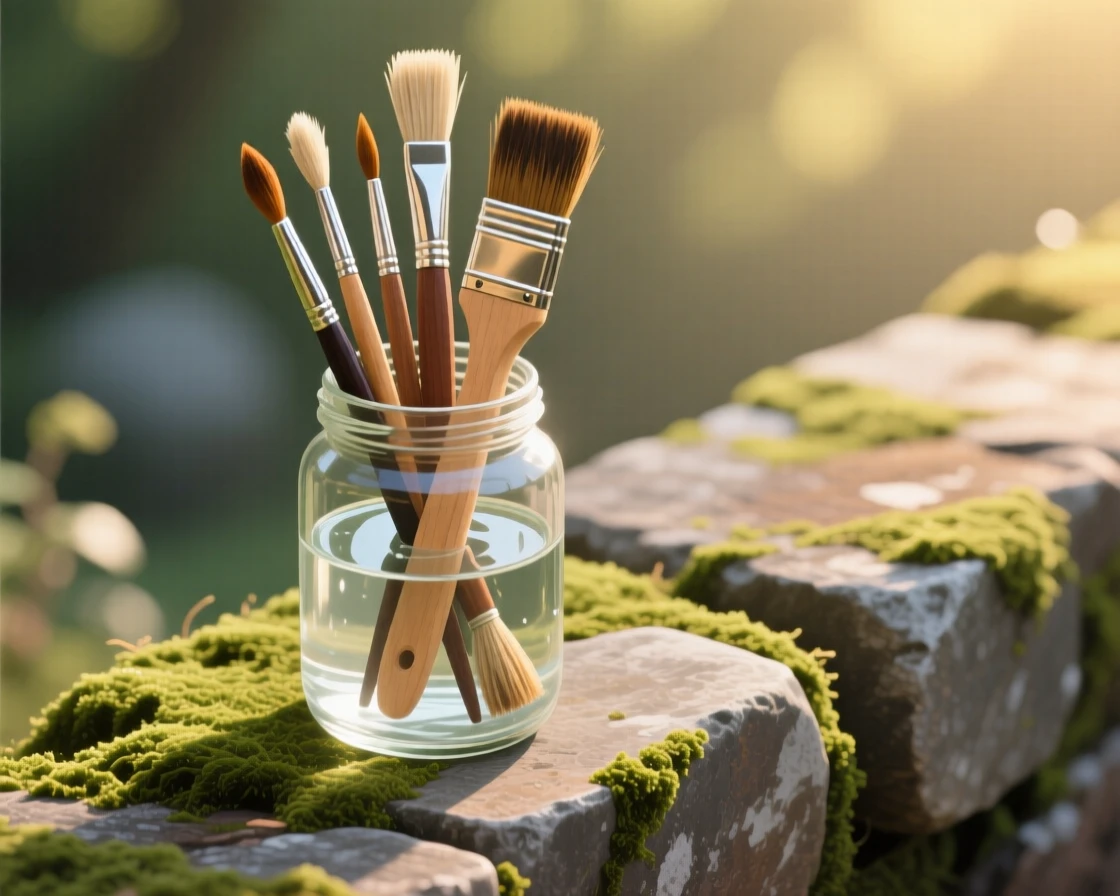 A set of paintbrushes standing in a glass jar of water, placed on a mossy stone ledge outdoors, shown from a slightly elevated angle, with soft golden light highlighting fine craftsmanship.