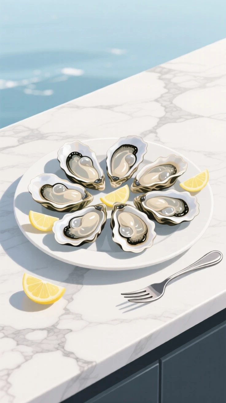 A plate of fresh oysters beautifully displayed on a marble countertop at a seaside restaurant.