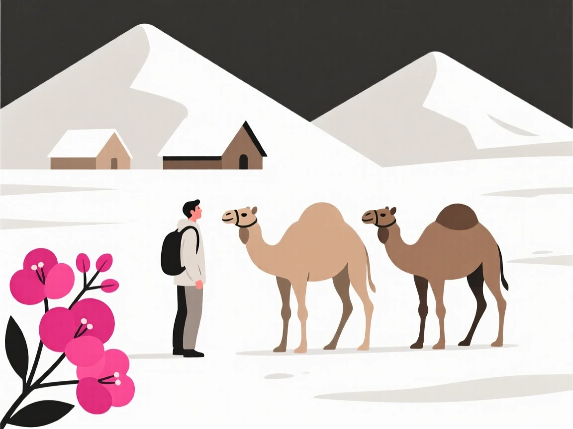 A traveler standing before a desert caravan in a snow-covered alpine village, with blooming bougainvillea nearby, feeling adventurous excitement.