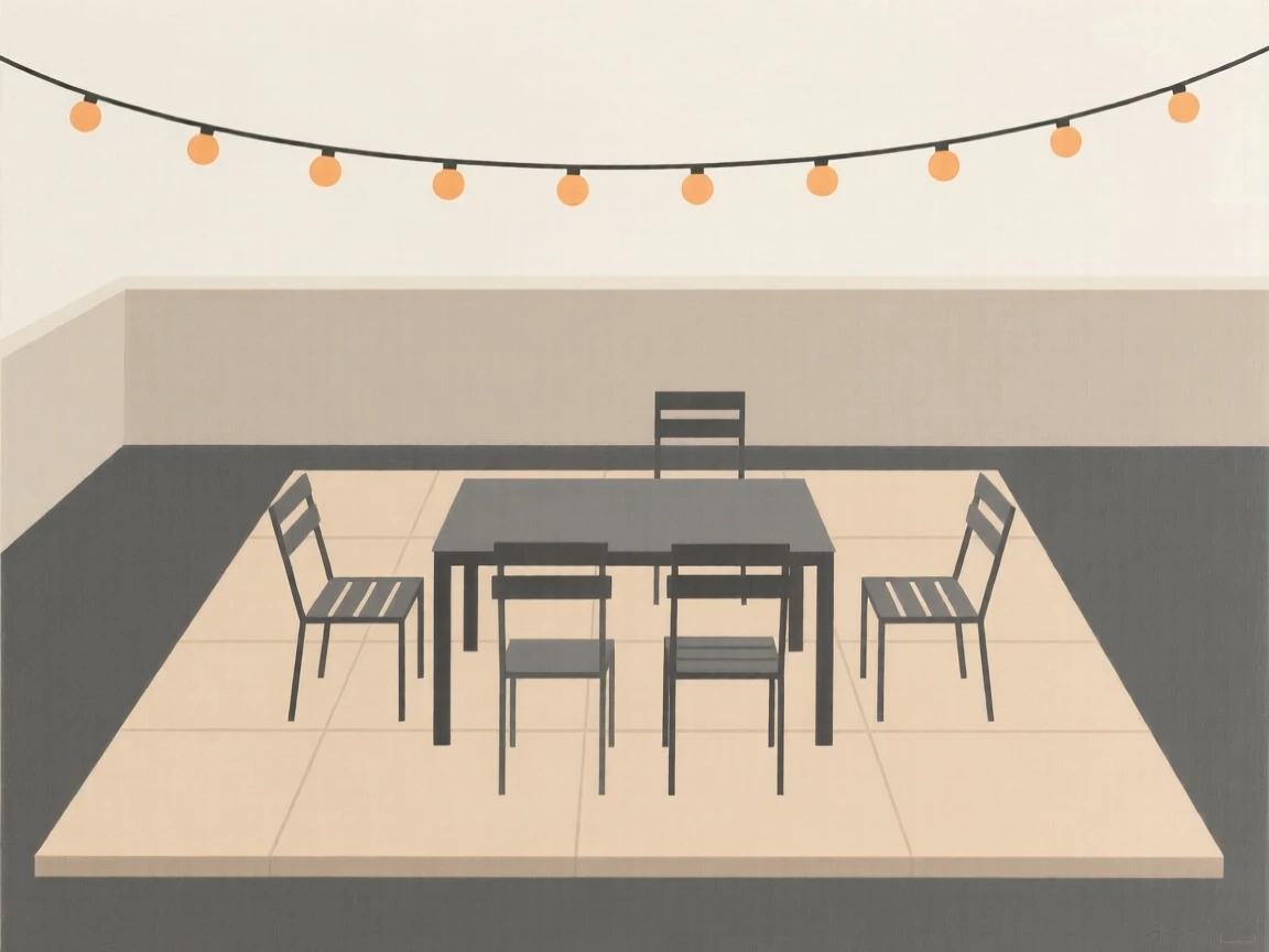 A patio with string lights and outdoor furniture