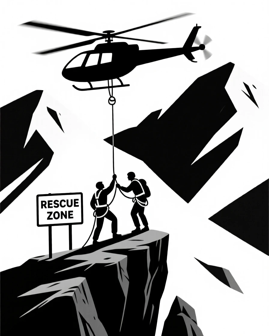 A rescue team airlifting a stranded hiker from a mountainside.
