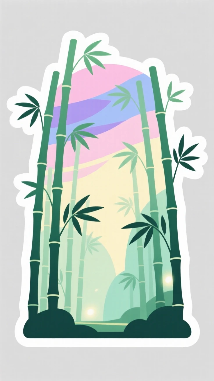 A dreamlike bamboo forest with soft green light, under a sky painted in pastel colors, untouched and wonderfully quiet.