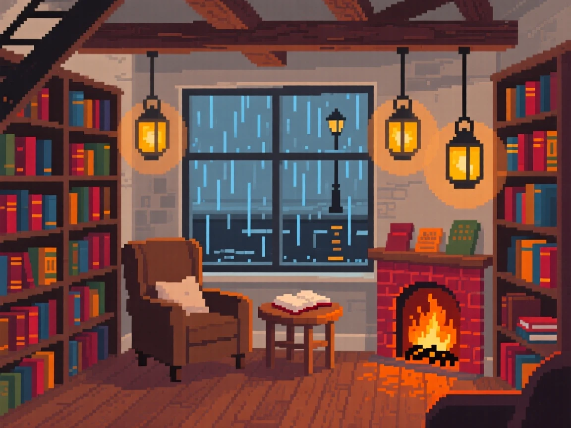 A cozy library alcove lit by a crackling fire and hanging lanterns, in a loft apartment above a rainy street.