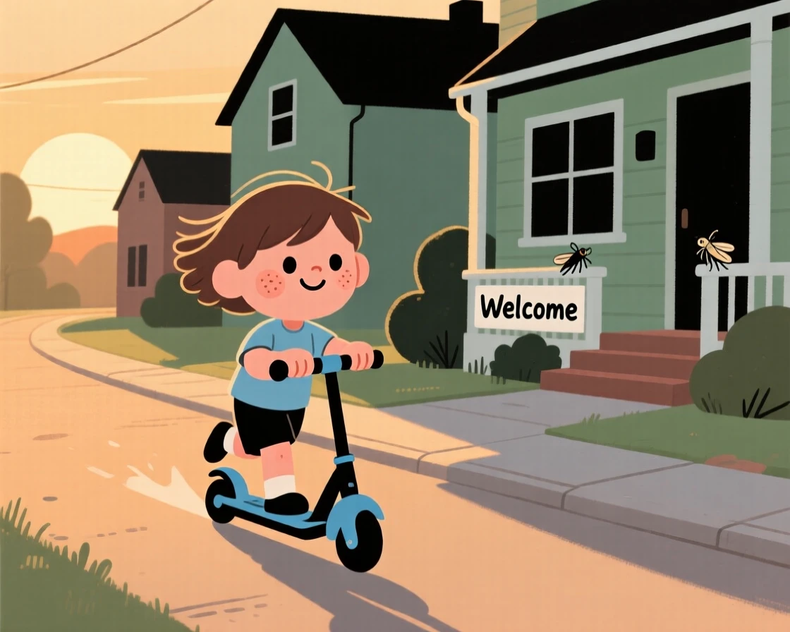 A child rides a scooter down a quiet suburban street on a warm summer evening, laughing with the wind in their hair as the hum of cicadas drifts from a nearby porch.