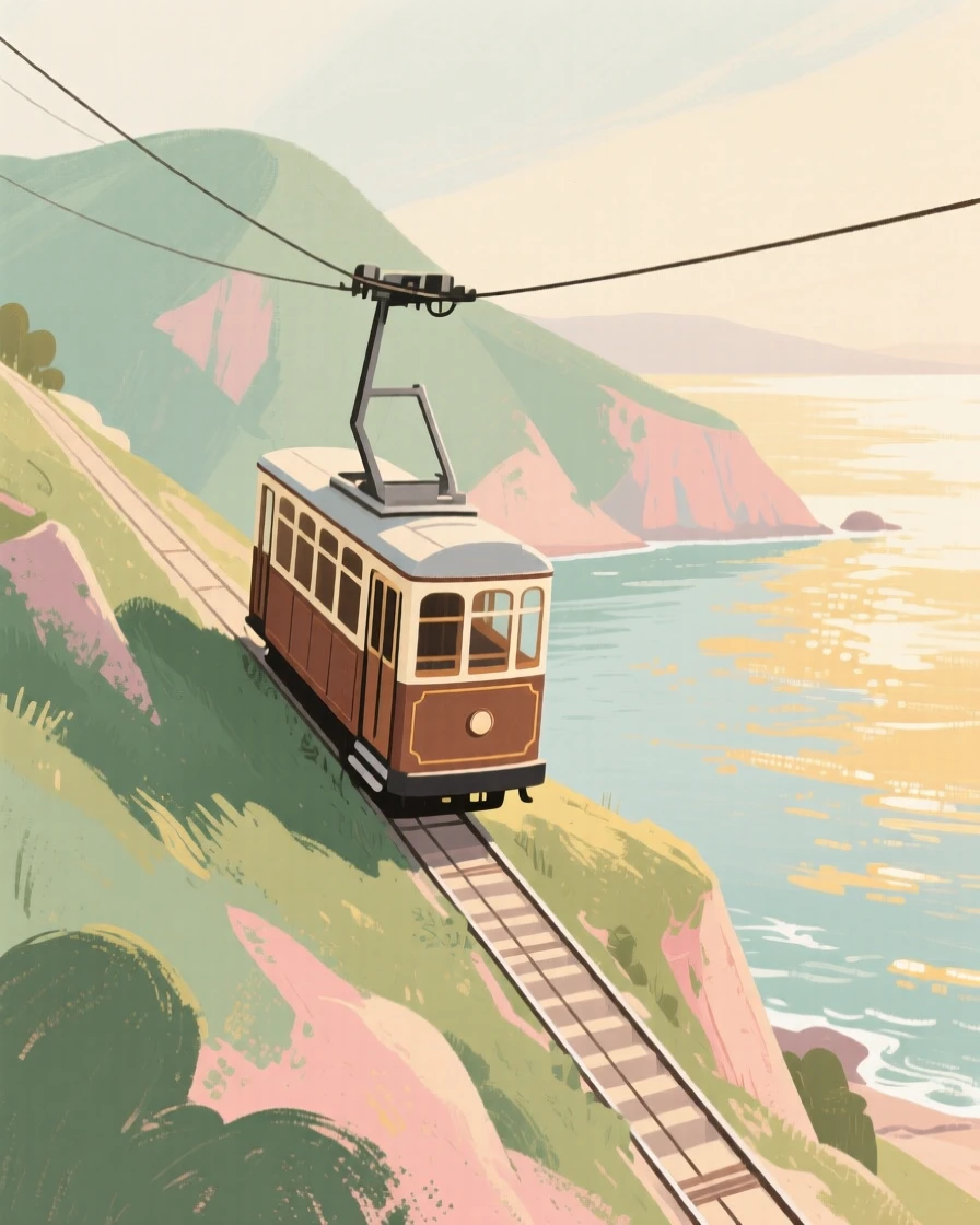 A vintage cable car climbing a steep hillside above a bay