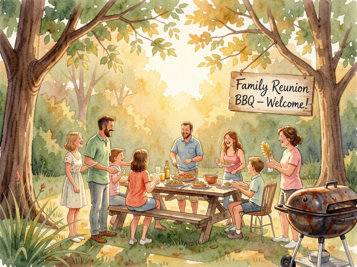 A family reunion barbecue in a backyard as golden light bathes the scene.