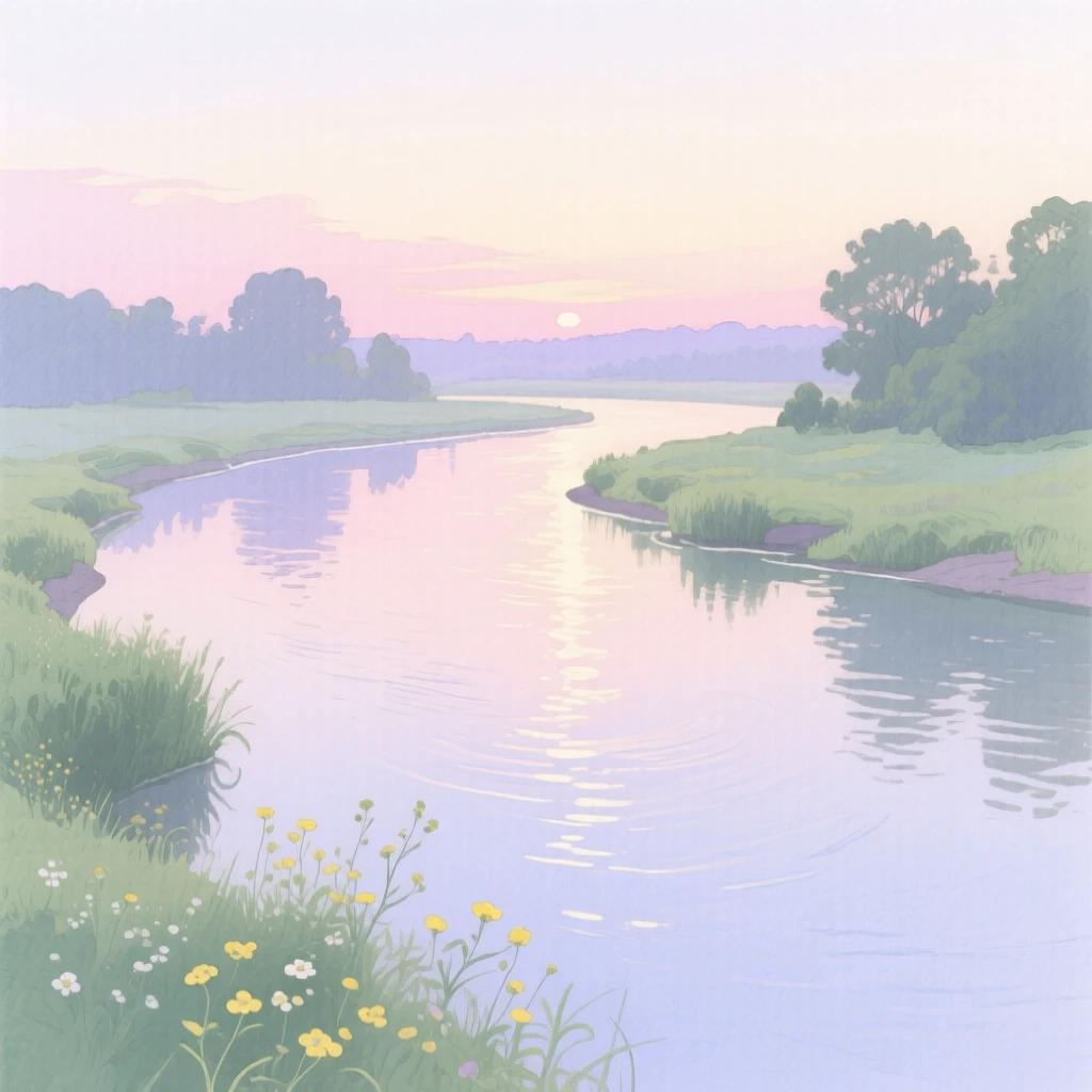A breathtaking view of a quiet river bend at first light, with reflections shimmering across still water