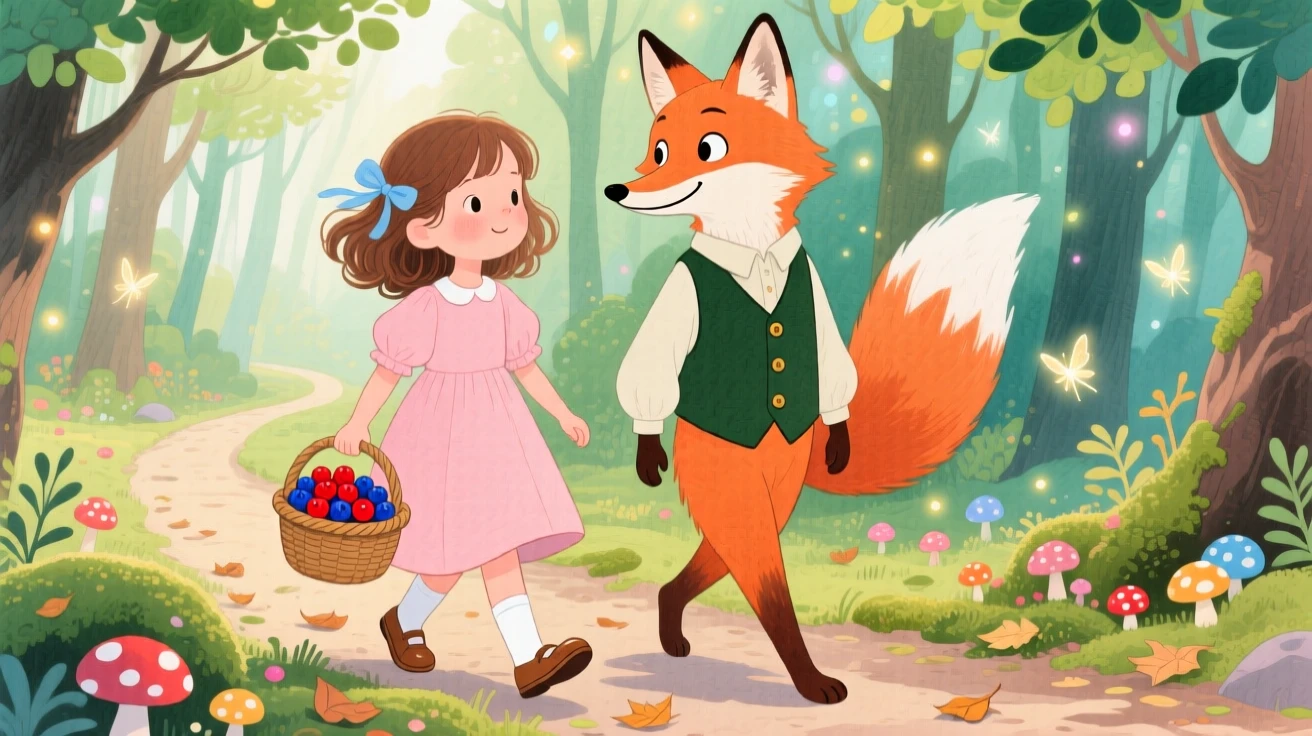 A girl with a basket of berries and a talking fox in a waistcoat exploring an enchanted forest together.
