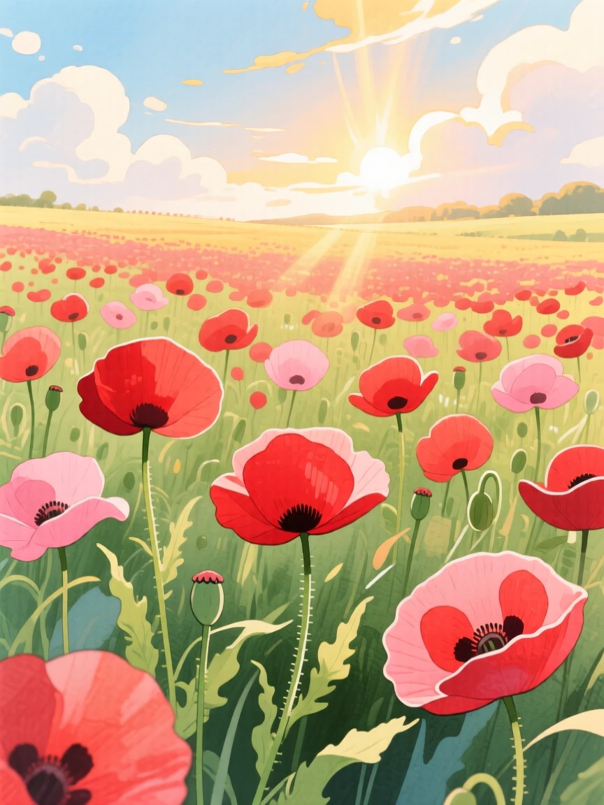 A field of red poppies swaying in the wind, with golden light breaking through scattered clouds, radiating natural splendor and tranquility.