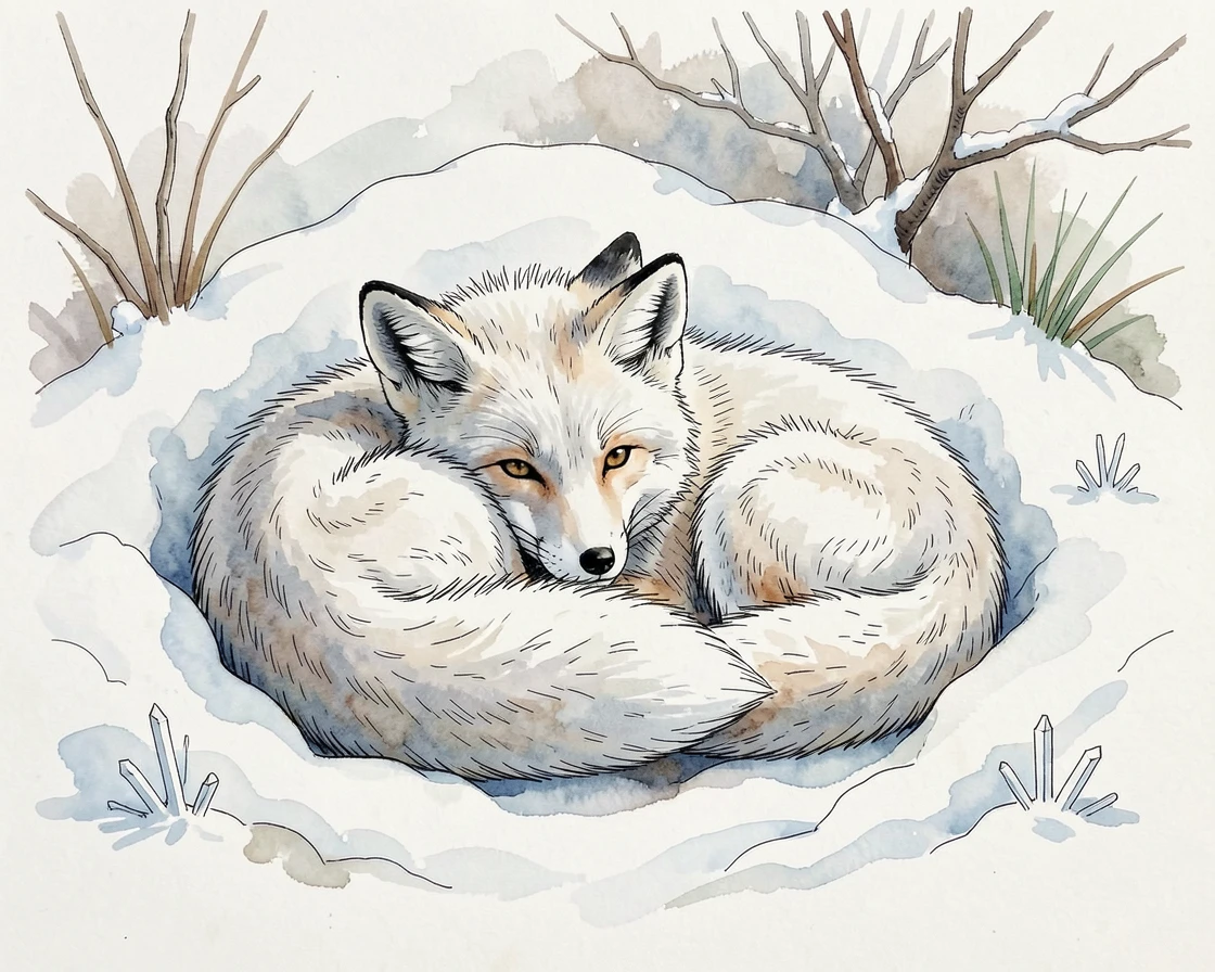 A pair of arctic foxes curled together in a snowy den, the natural world carrying on undisturbed around them.