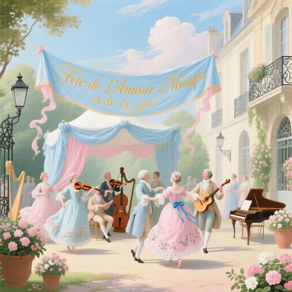 A palace courtyard festival with dancers circling musicians beneath banners  