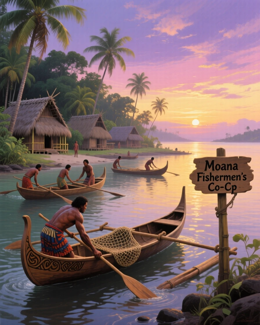 A Polynesian fishing village at dawn with canoes launching into calm waters, as golden or dramatic lighting sets a timeless, cinematic mood, bringing a vivid, immersive moment of history to life