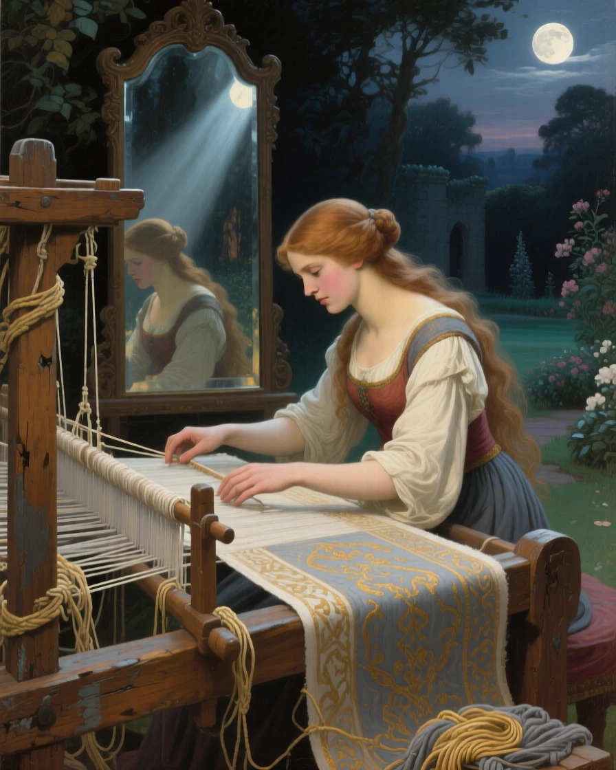 The lady of Shalott weaving at her loom before a fateful mirror at the story's most enchanting and memorable turn, set within a moonlit garden fit for legend, with an old wooden loom, tangled threads, and a half-finished tapestry; a diagonal beam of moonlight highlights the pivotal narrative moment, filled with romance, imagination, and quiet drama.