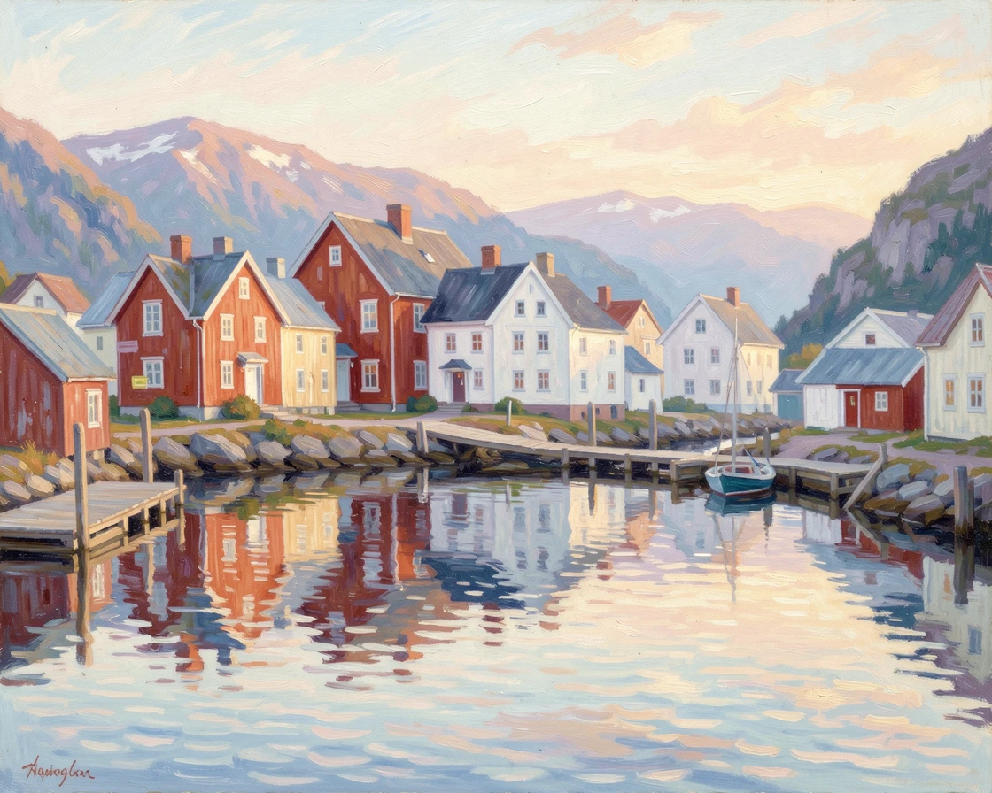 A quiet fjord village where wooden houses in red and white cluster along a mirror-still channel of water, as the first light of dawn breaks, evoking a sense of peace and quiet wonder.