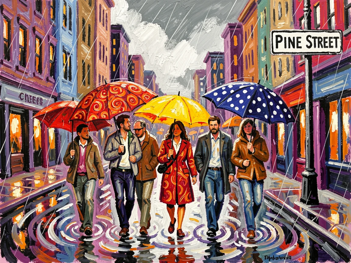 A group of friends sharing umbrellas while walking through a rain-soaked city street.