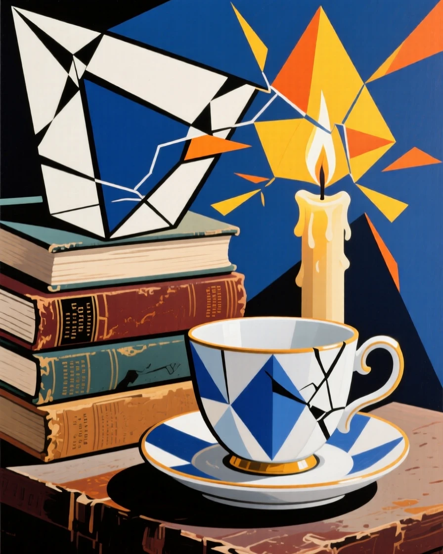 An elegant still life featuring a china teacup and saucer beside a stack of old books and a flickering candle.