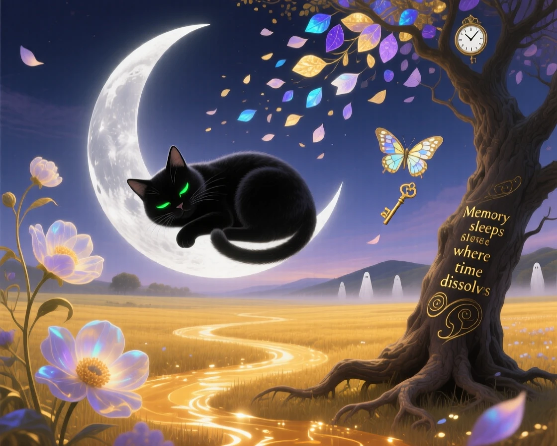 A cat curled asleep on a floating crescent moon wanders calmly through a field bathed in golden light, while soft petals drift down from an unseen sky above.