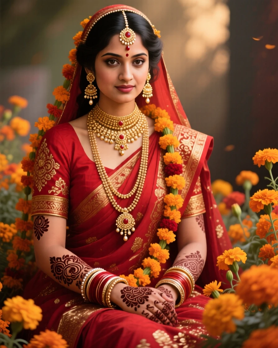 A proud Indian bride adorned in a vivid red saree and intricate henna sits amid marigold garlands, her jewelry catching soft golden light, the moment feeling candid and intimate rather than posed or staged.