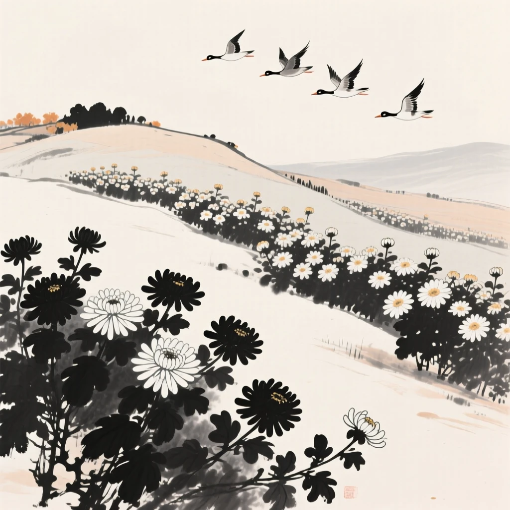 A field of chrysanthemums blooms in shades ranging across a quiet hillside, as geese pass overhead in the distance.